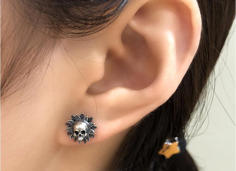 925 Sterling Silver Sunflower Skull Stud Earrings. Badass skull earrings. Badass skull jewelry. Badass skull accessories. Badass skull jewelry. Badss biker jewelry. Gothic skull earrings.