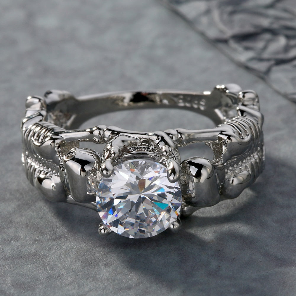 Clear Stone Silver Ghost Evil Skull Skeleton Hand CZ Rings