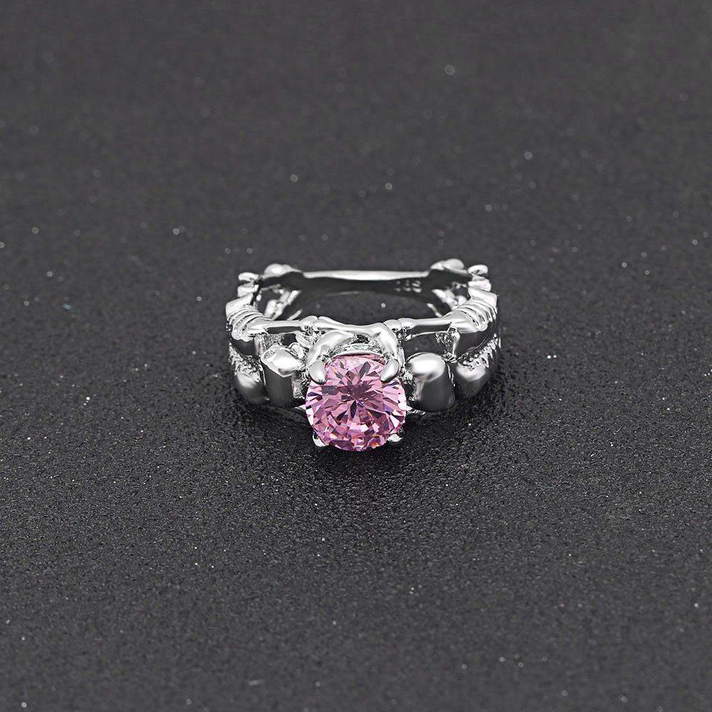 Pink Stone Silver Ghost Evil Skull Skeleton Hand CZ Rings