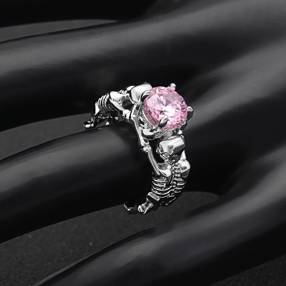 Pink Stone Silver Ghost Evil Skull Skeleton Hand CZ Rings
