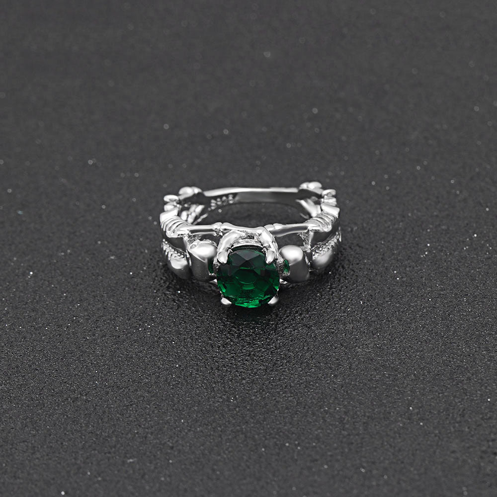 Green Stone Silver Ghost Evil Skull Skeleton Hand CZ Rings