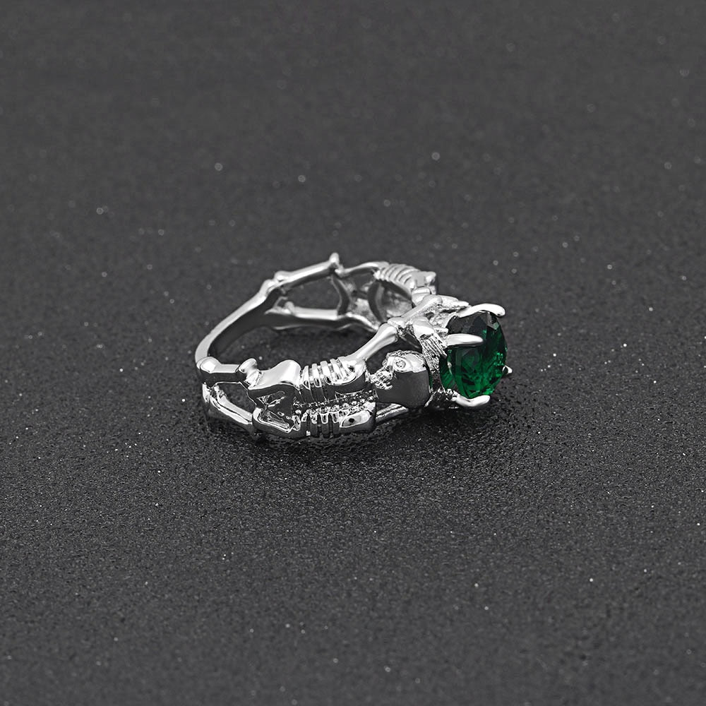 Green Stone Silver Ghost Evil Skull Skeleton Hand CZ Rings