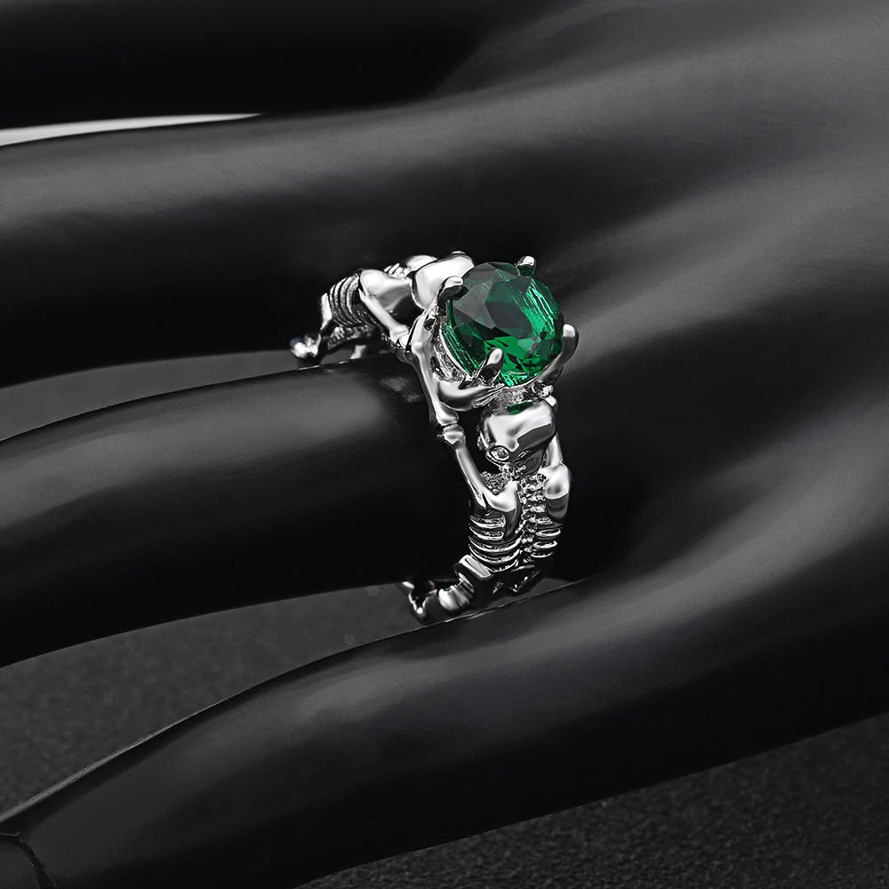 Green Stone Silver Ghost Evil Skull Skeleton Hand CZ Rings