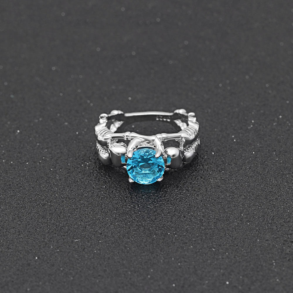 Sky Blue Stone Silver Ghost Evil Skull Skeleton Hand CZ Rings