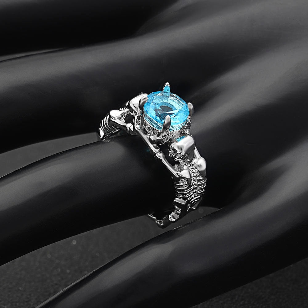 Sky Blue Stone Silver Ghost Evil Skull Skeleton Hand CZ Rings