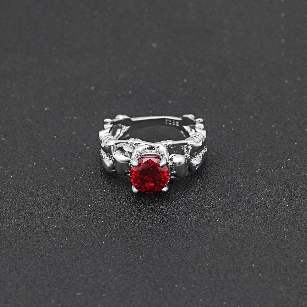 Red Stone Silver Ghost Evil Skull Skeleton Hand CZ Rings