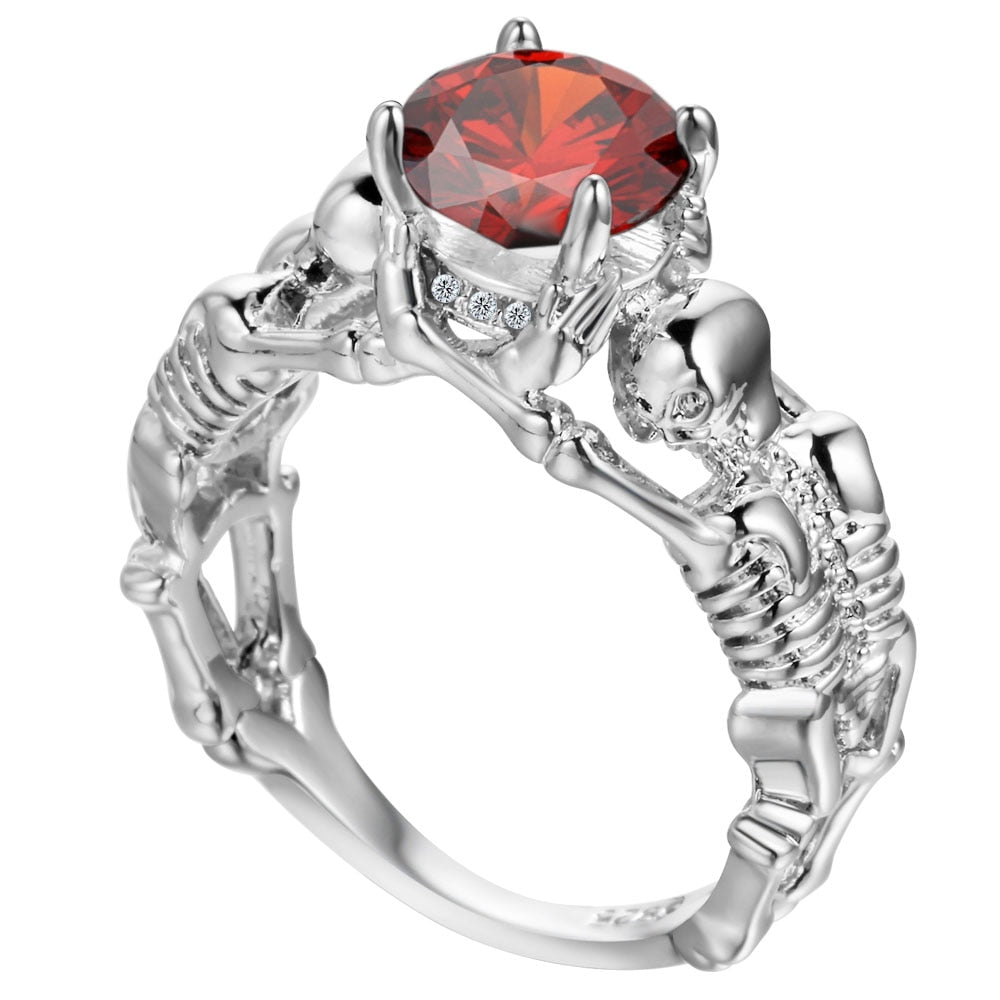 Red Stone Silver Ghost Evil Skull Skeleton Hand CZ Rings