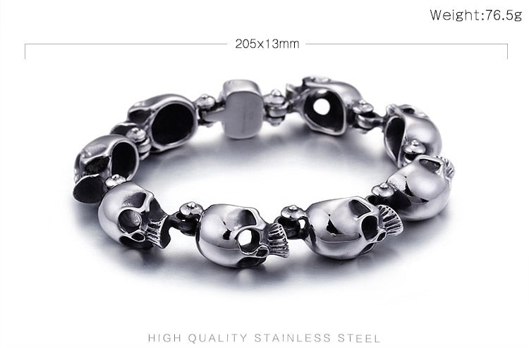 316 Stainless Steel Skull Heads Charm Bracelet. Badass skull bracelets. Badass skull jewelry. Badass skull accessory. Badass biker skull bracelet. Badass biker bracelets.