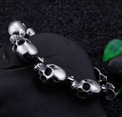 316 Stainless Steel Skull Heads Charm Bracelet. Badass skull bracelets. Badass skull jewelry. Badass skull accessory. Badass biker skull bracelet. Badass biker bracelets.