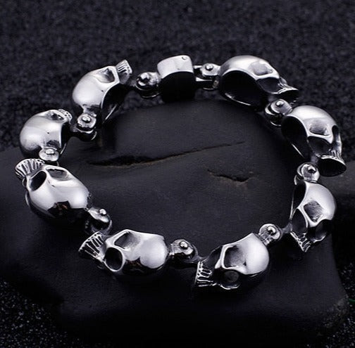 316 Stainless Steel Skull Heads Charm Bracelet. Badass skull bracelets. Badass skull jewelry. Badass skull accessory. Badass biker skull bracelet. Badass biker bracelets.