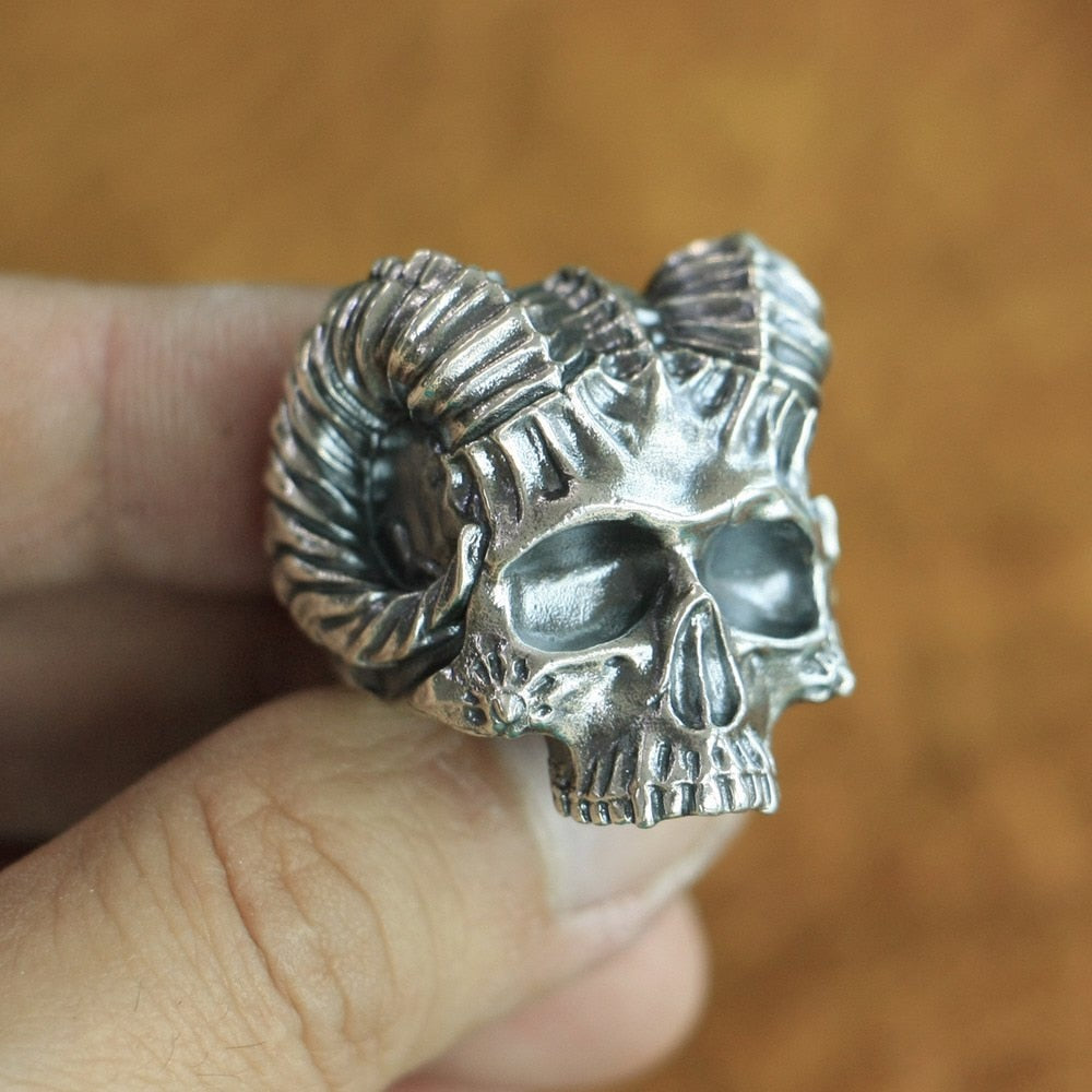 925 Sterling Silver Horned Demon Skull Ring