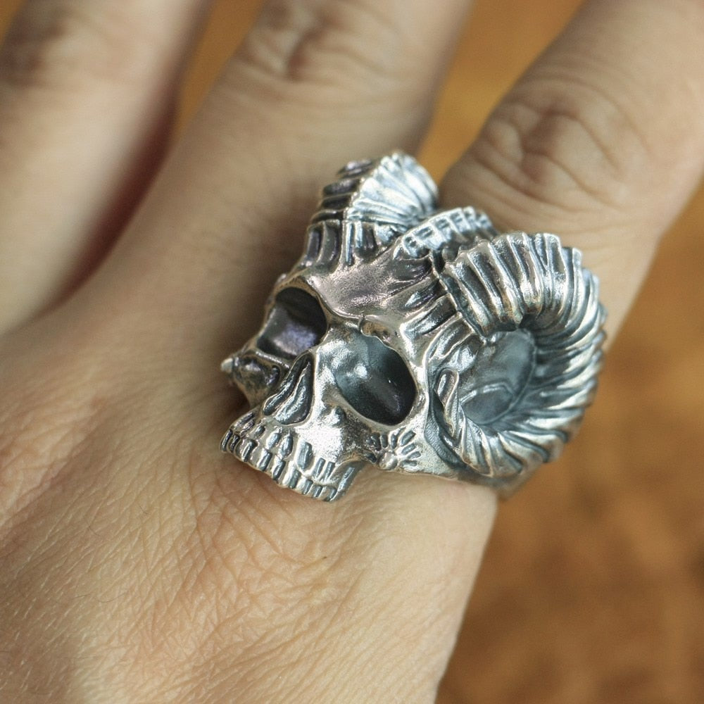 925 Sterling Silver Horned Demon Skull Ring