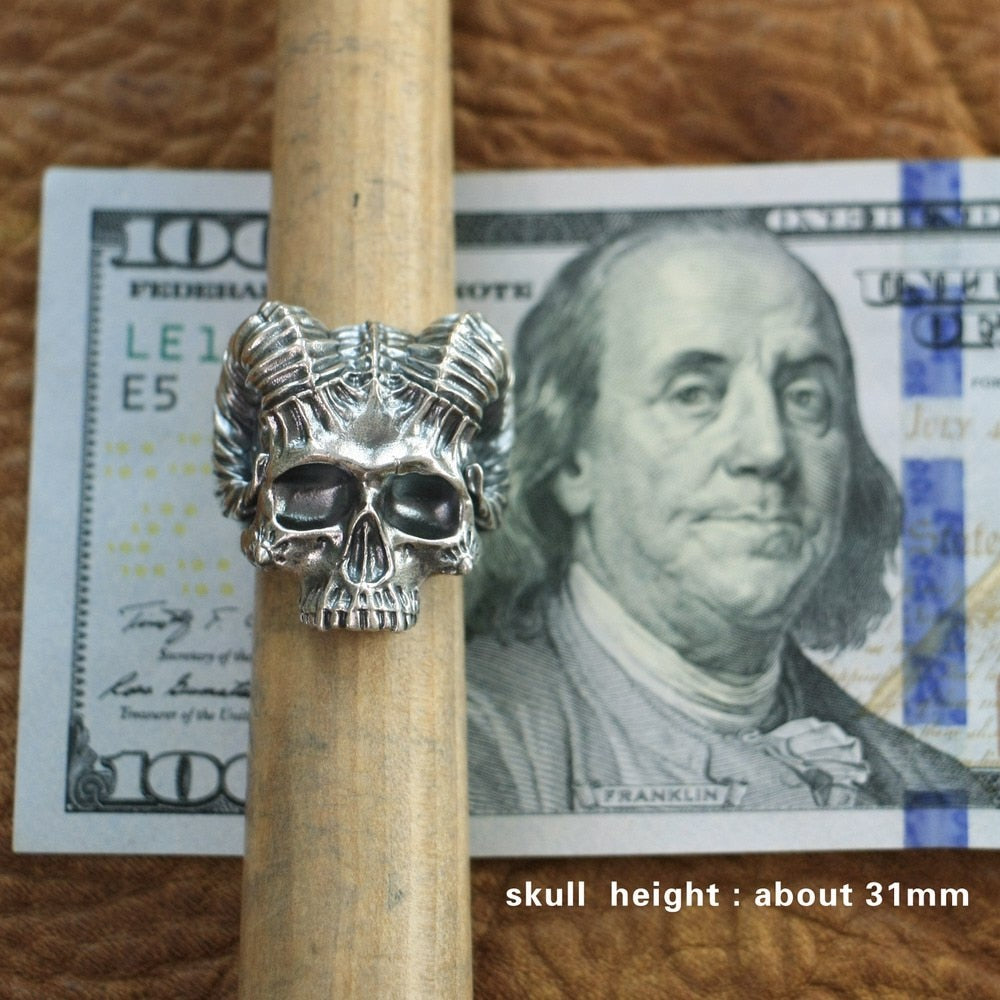 925 Sterling Silver Horned Demon Skull Ring