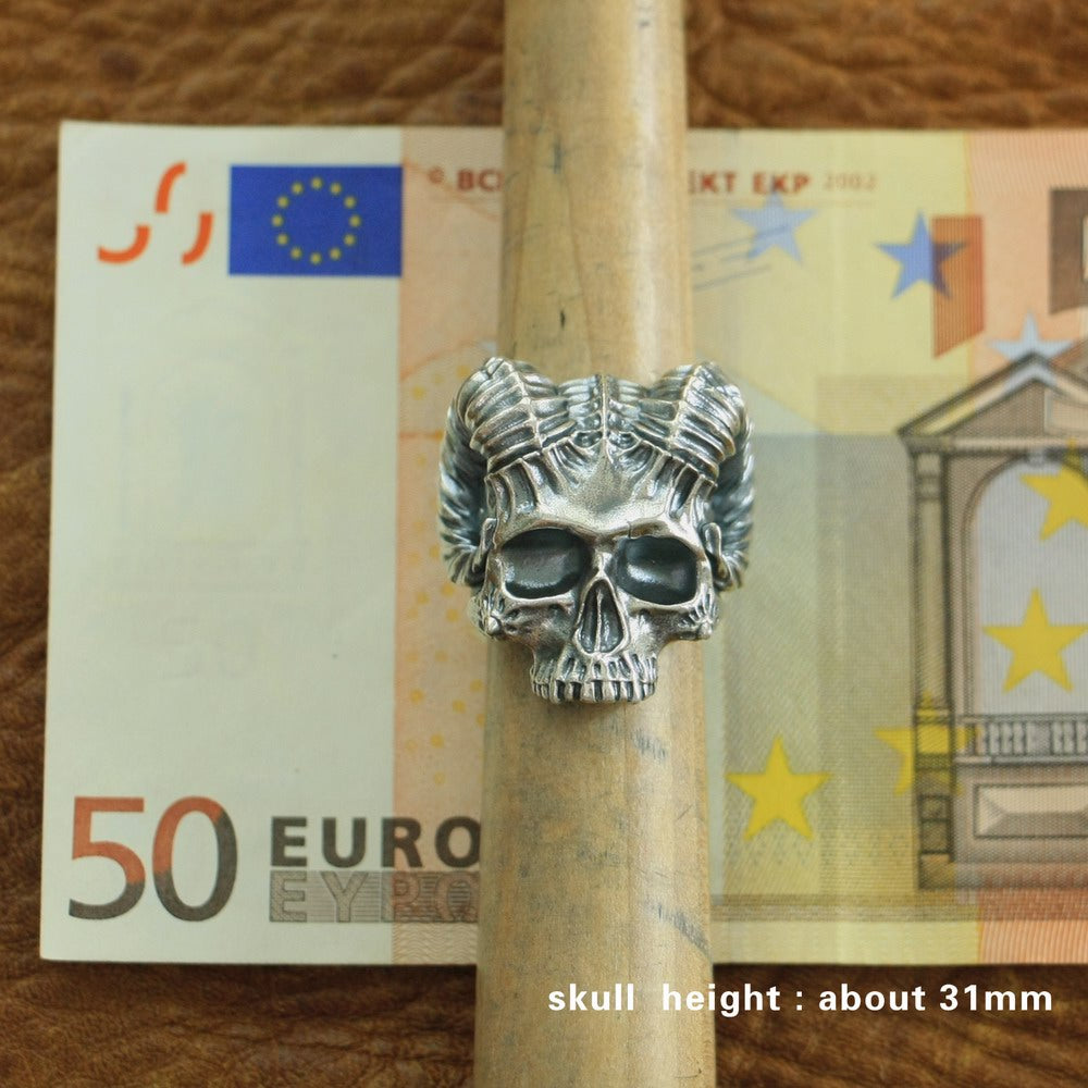 925 Sterling Silver Horned Demon Skull Ring