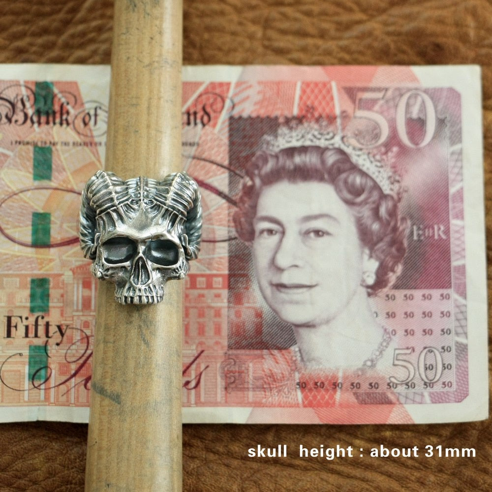 925 Sterling Silver Horned Demon Skull Ring