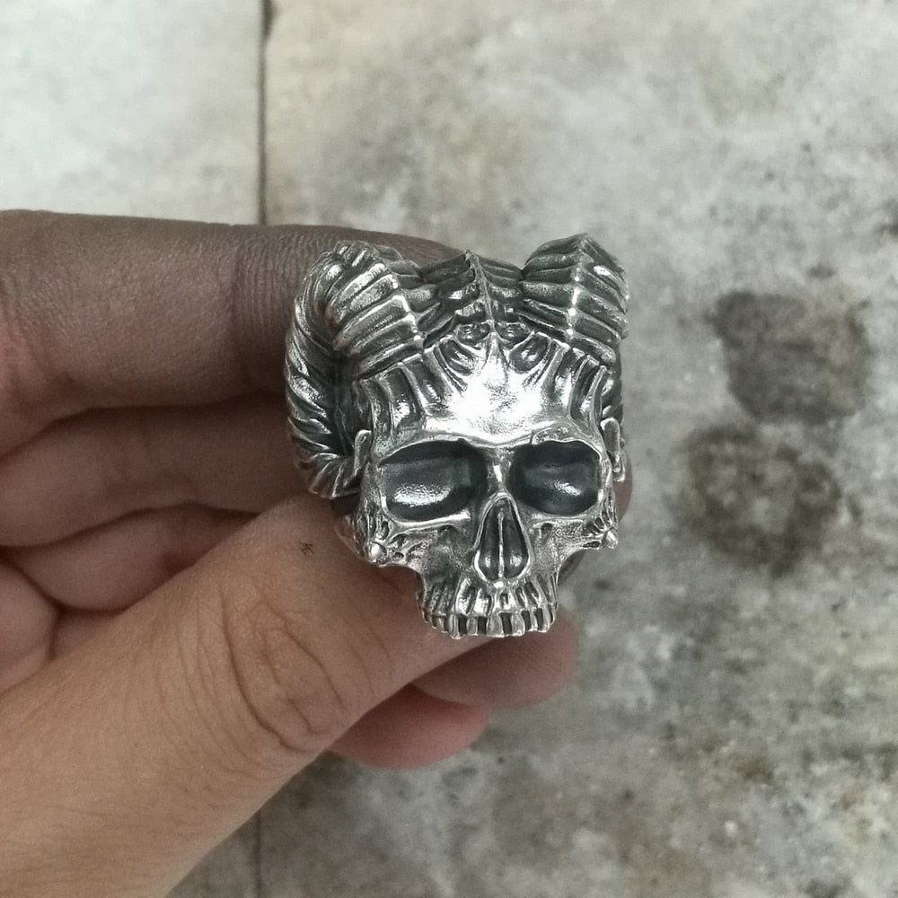 925 Sterling Silver Horned Demon Skull Ring