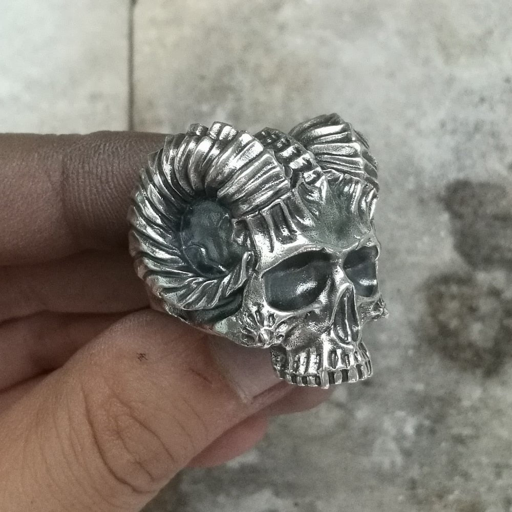 925 Sterling Silver Horned Demon Skull Ring