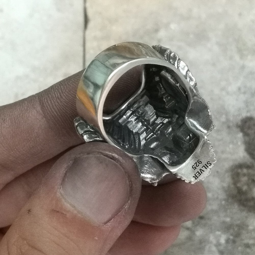 925 Sterling Silver Horned Demon Skull Ring