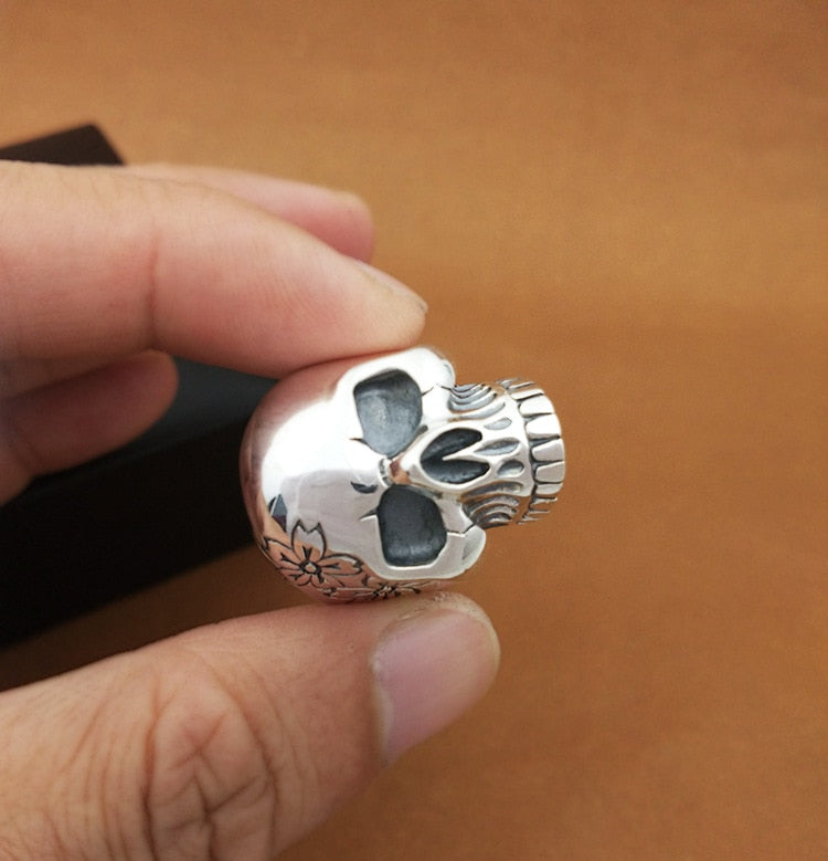 Punk Rock 925 Silver Flower Skull Ring