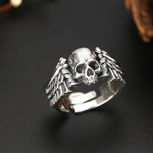 925 Sterling Silver Skull Angel wings Adjustable Ring