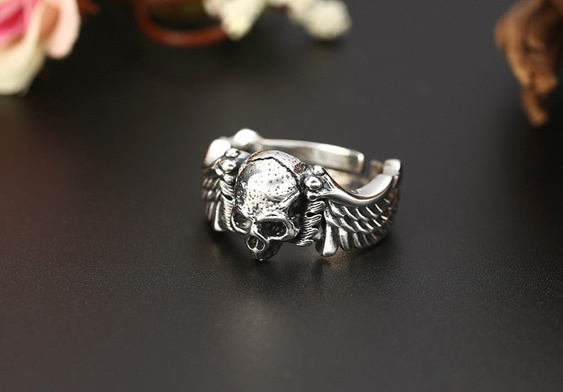 925 Sterling Silver Skull Angel wings Adjustable Ring