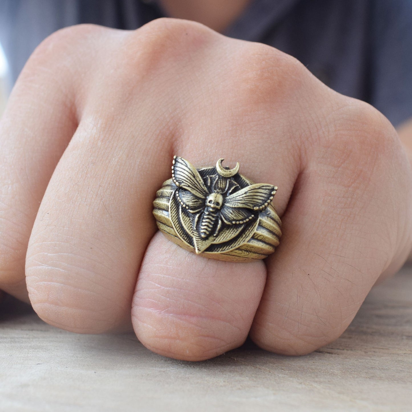 Bronze Mystical Moth Dead Head Skull Ring