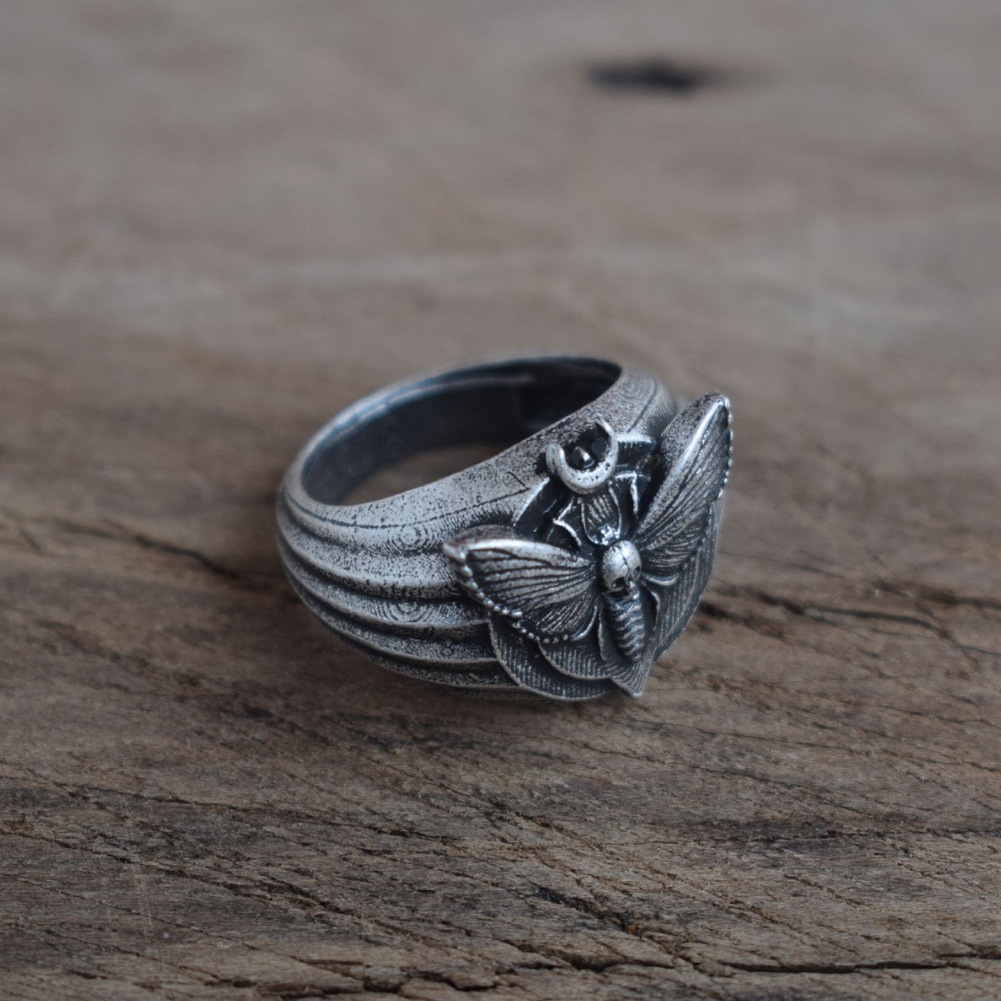 Silver Mystical Moth Dead Head Skull Ring