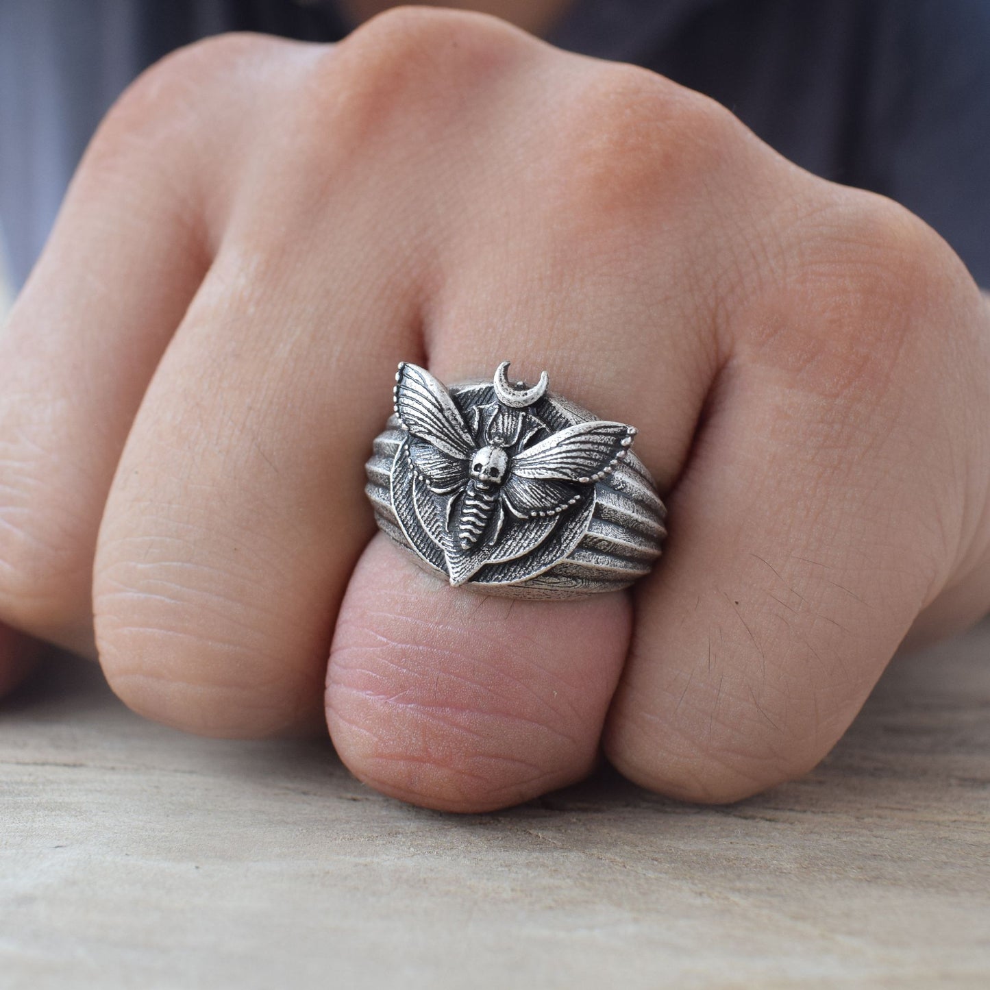 Silver Mystical Moth Dead Head Skull Ring