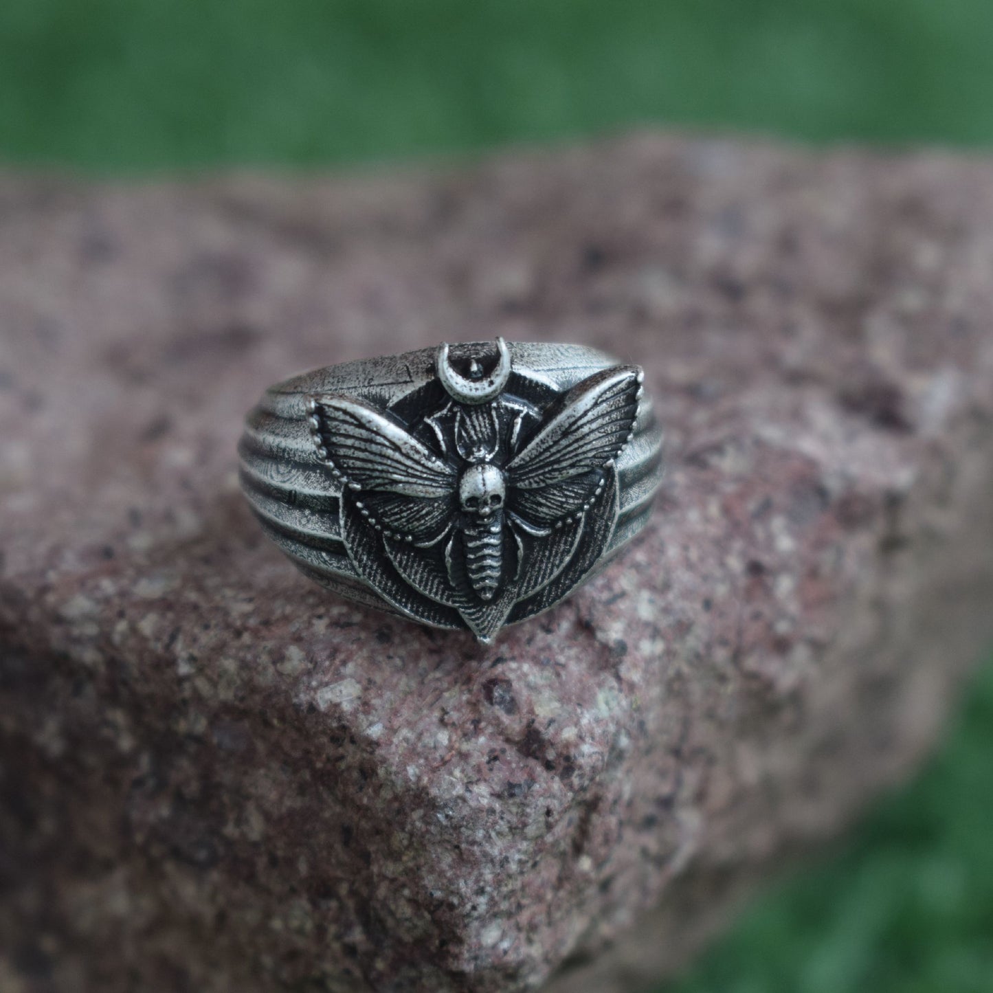 Silver Mystical Moth Dead Head Skull Ring