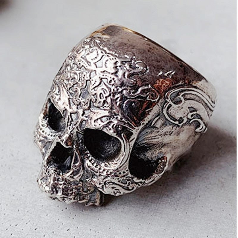 Unisex 925 Sterling Silver Engraved Pattern Skull Ring
