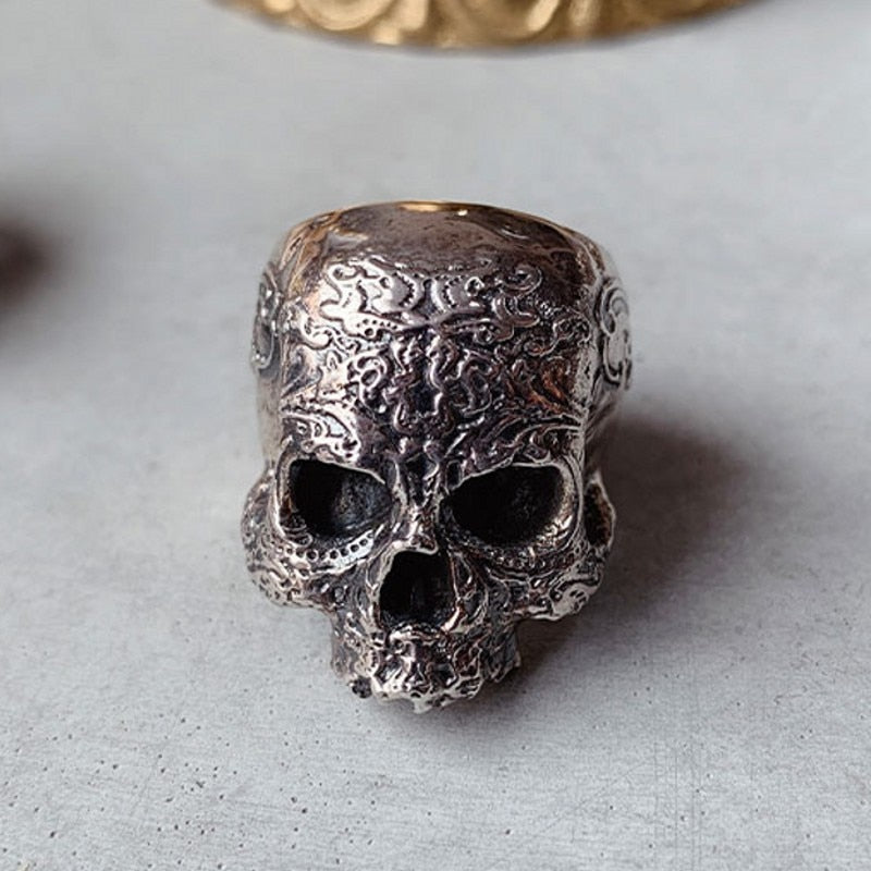 Unisex 925 Sterling Silver Engraved Pattern Skull Ring