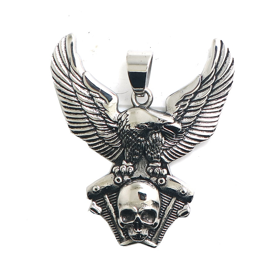 Stainless Steel Silver Biker Skull Eagle Engine Pendant