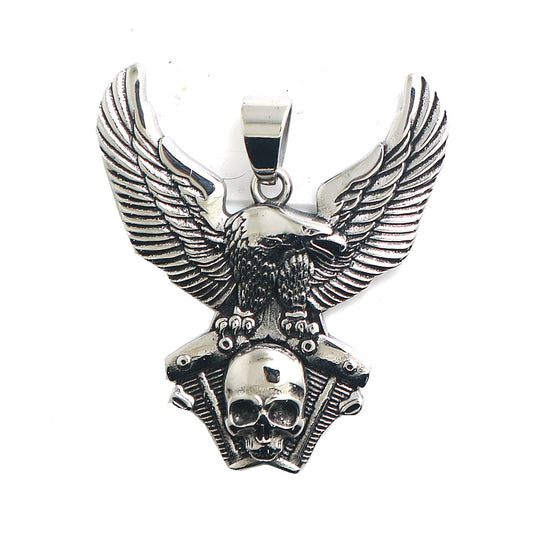 Stainless Steel Silver Biker Skull Eagle Engine Pendant