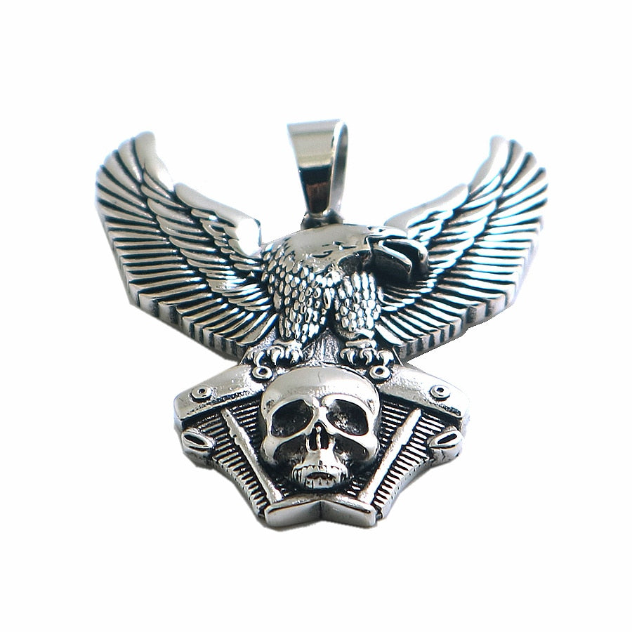 Stainless Steel Silver Biker Skull Eagle Engine Pendant