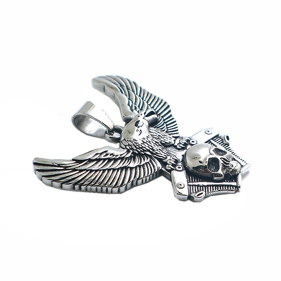 Stainless Steel Silver Biker Skull Eagle Engine Pendant