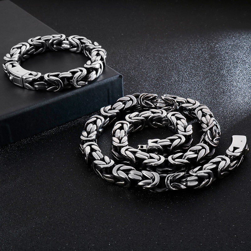 Stainless Steel Byzantine Chain Necklace & Bracelet Set