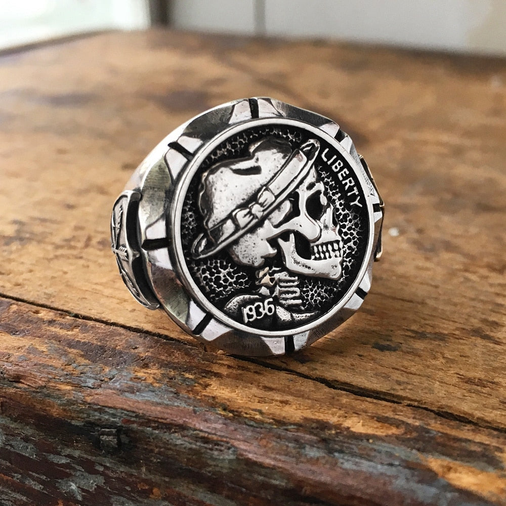 Hobo Nickel Brave Indian Biker Skull Rings. Badass bracelet for men. Cool gift for cool man. Badass gift for bikers. Badass jewelry. Badass biker skull jewelry. Badass skulll accessories. Badass gift for badass. Badass skull accessories. Badass skull jewelry. Christmas gift for badass. Christmas gift for bikers. Christmas gifts for tattoo artists.