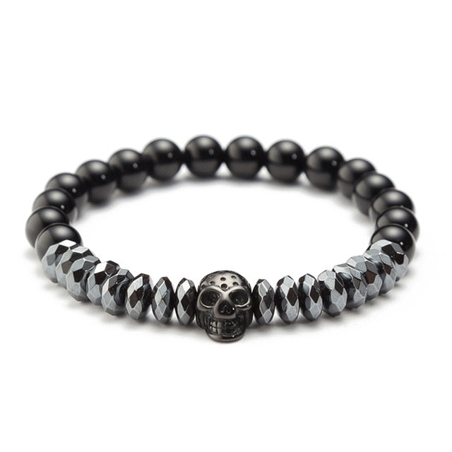 Crown and Warrior Hematite Stone Skull Bangle Bracelets