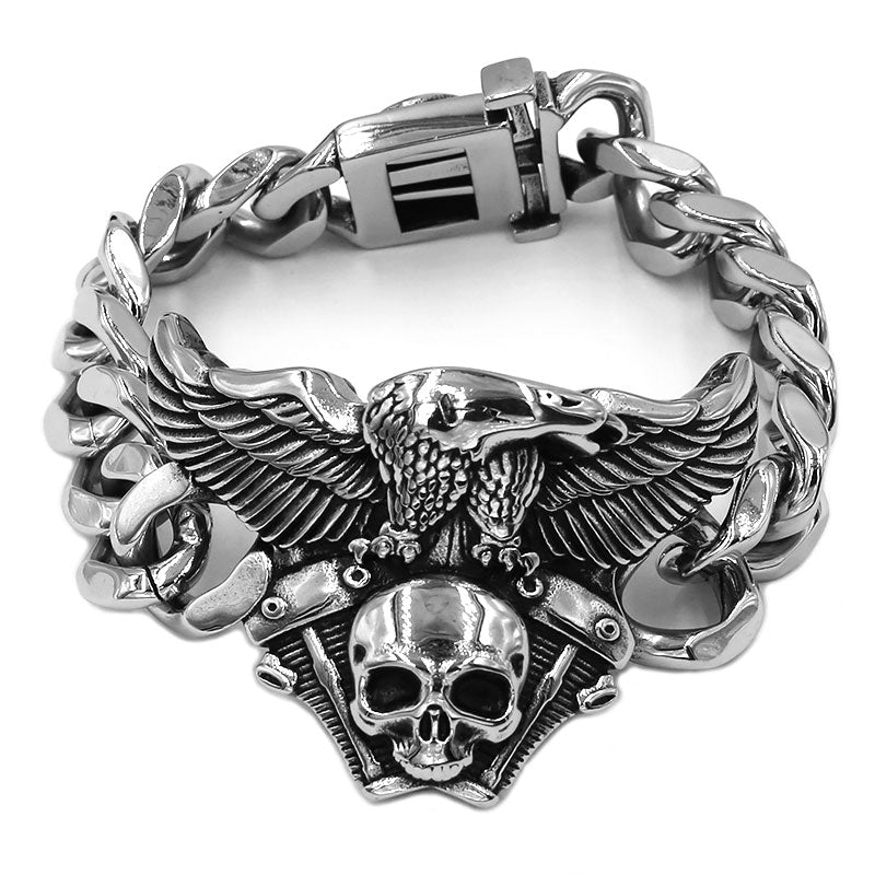 Solid Titanium Vintage Engine Skull Eagle Bracelet