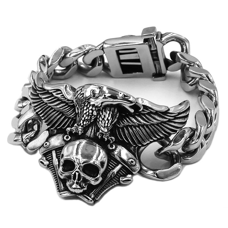 Solid Titanium Vintage Engine Skull Eagle Bracelet