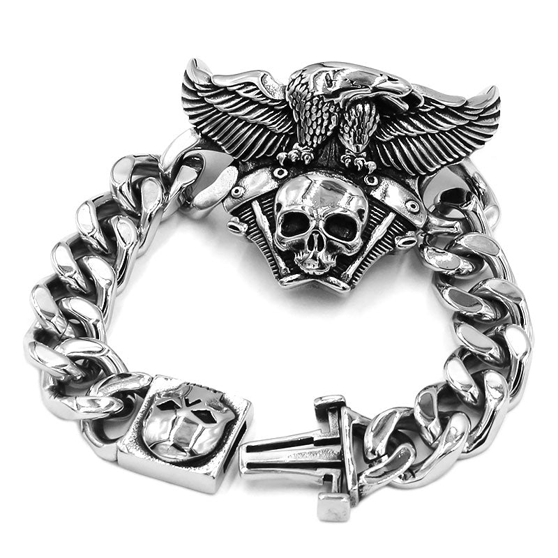 Solid Titanium Vintage Engine Skull Eagle Bracelet