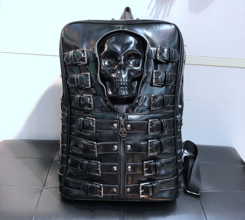 Black Leather Biker Skull Backpack Black Leather Biker Skull Backpack