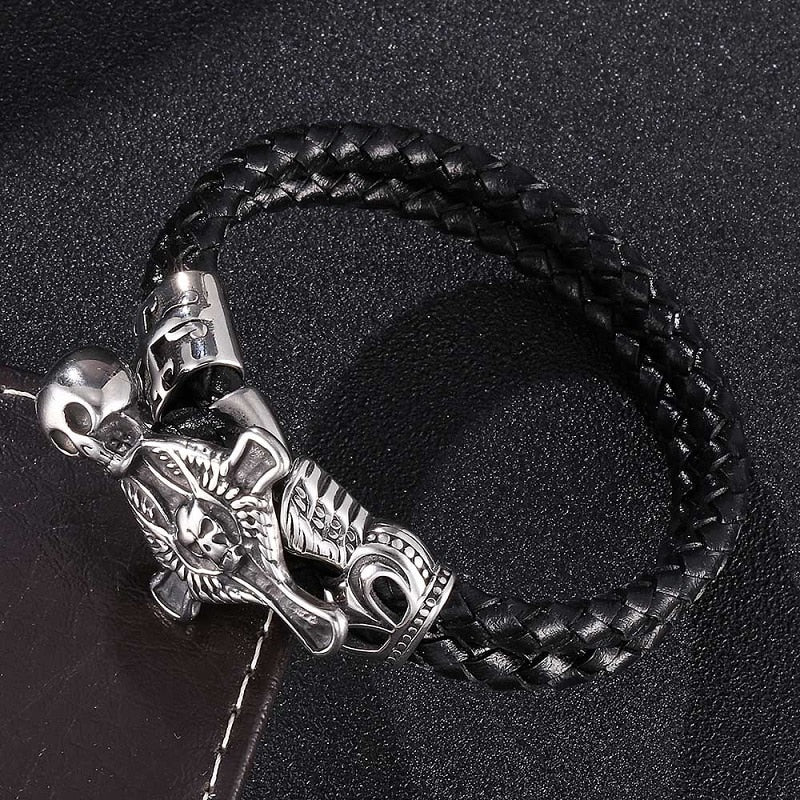 Cross and Skull Black Double Braided Leather Bracelet