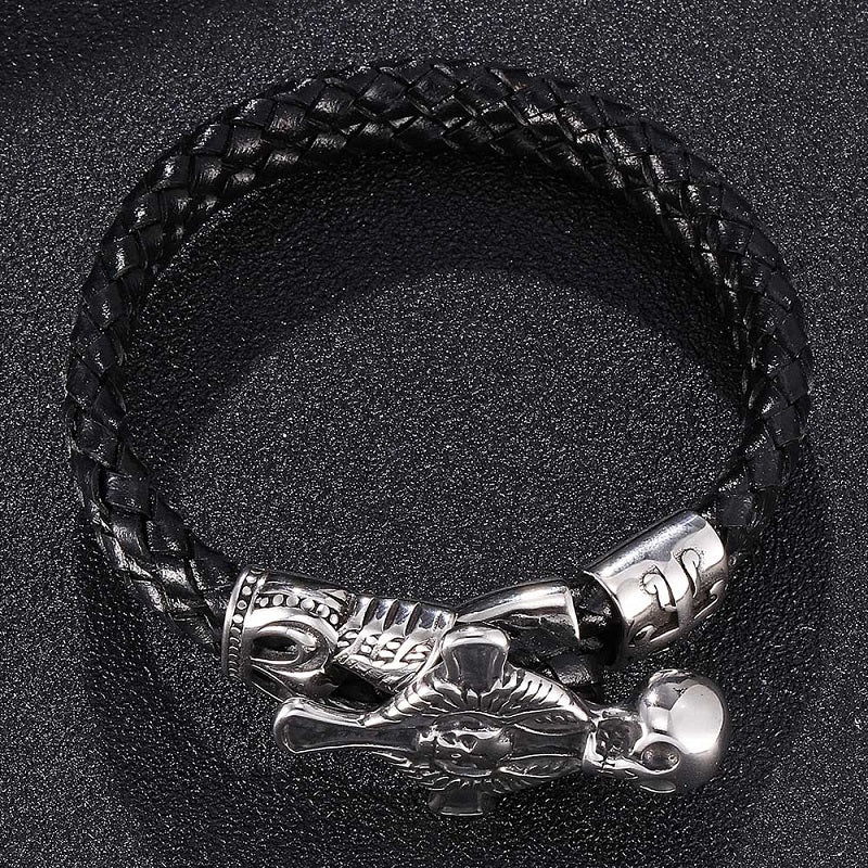 Cross and Skull Black Double Braided Leather Bracelet