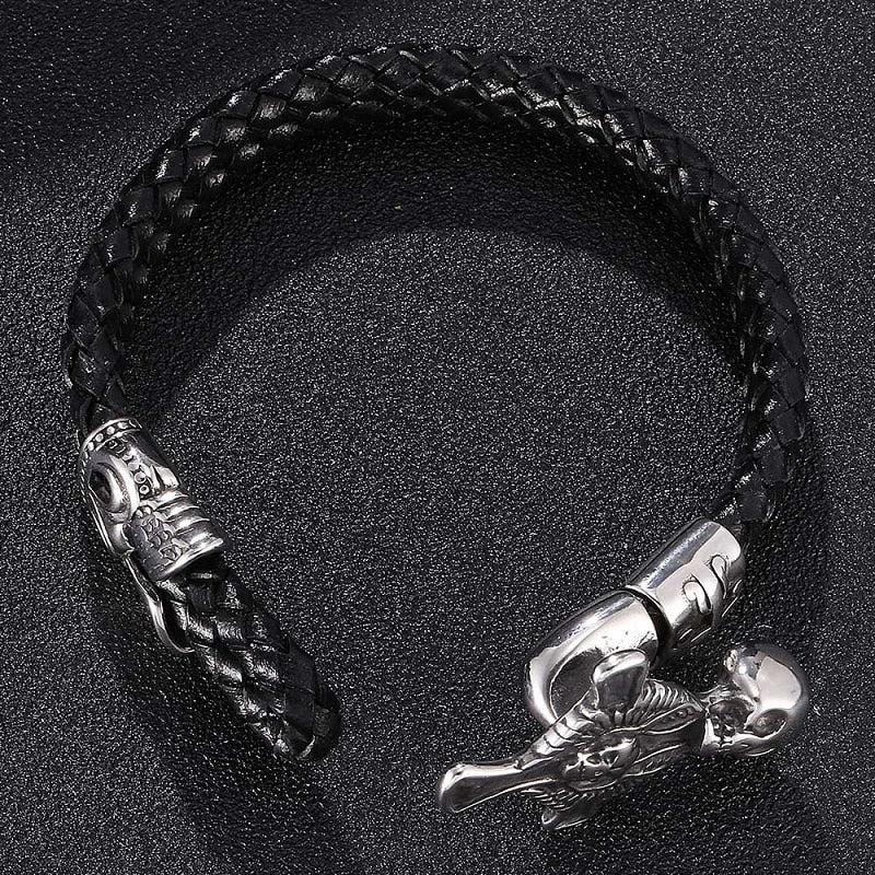 Cross and Skull Black Double Braided Leather Bracelet