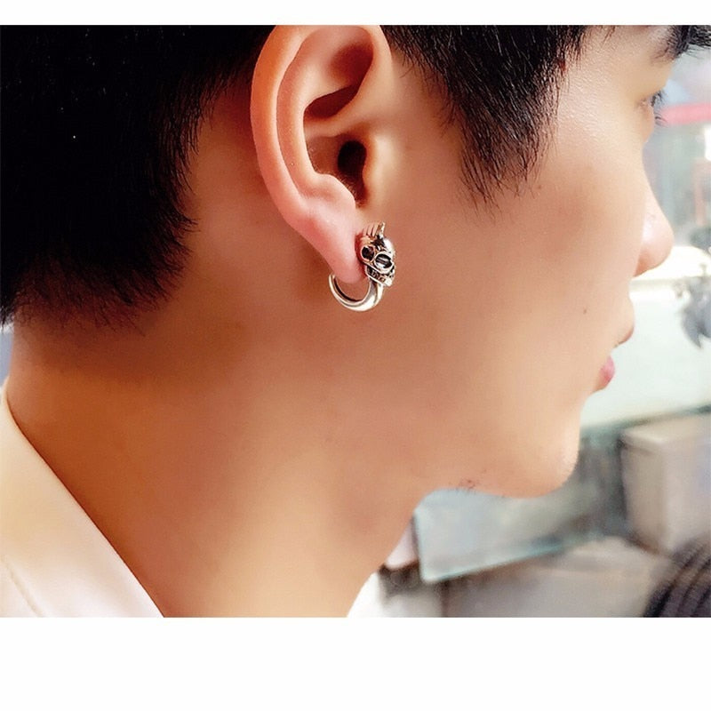 Cool 925 Sterling Silver Skull Stud Men Earrings