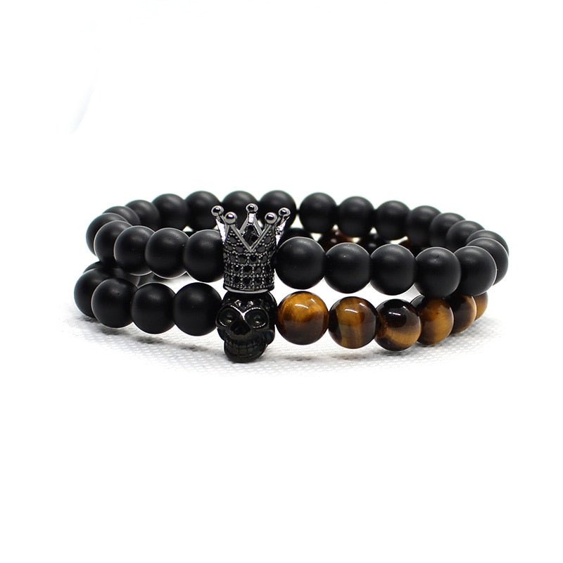 2 Pieces Set Stone Beads Crown Skull Bracelet. badass beads skull and crown bracelet. badass skull bracelets. badass skull jewelry. badass skull accessories. Skull bracelets for men. Christmas gifts for badass. Christmas gifts for bikers.