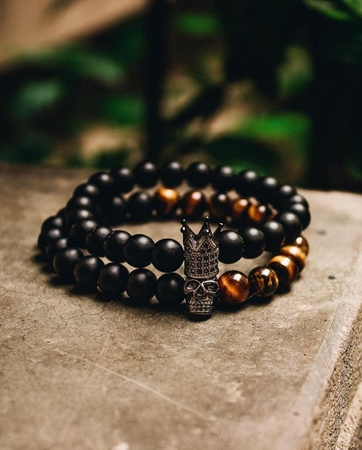 2 Pieces Set Stone Beads Crown Skull Bracelet. badass beads skull and crown bracelet. badass skull bracelets. badass skull jewelry. badass skull accessories. Skull bracelets for men. Christmas gifts for badass. Christmas gifts for bikers.