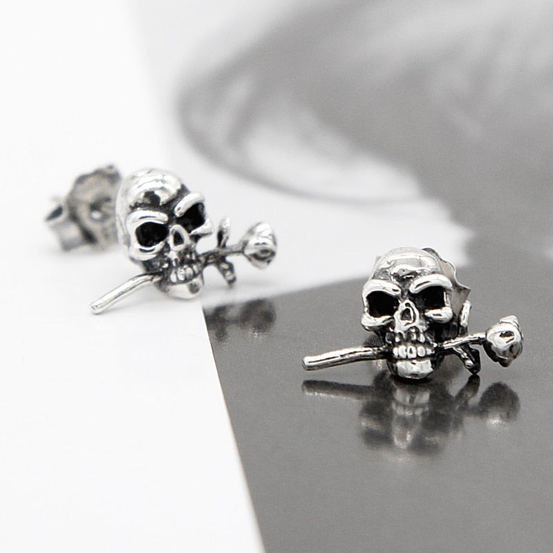 925 Sterling Silver Loving Roses Skull Stud Earrings