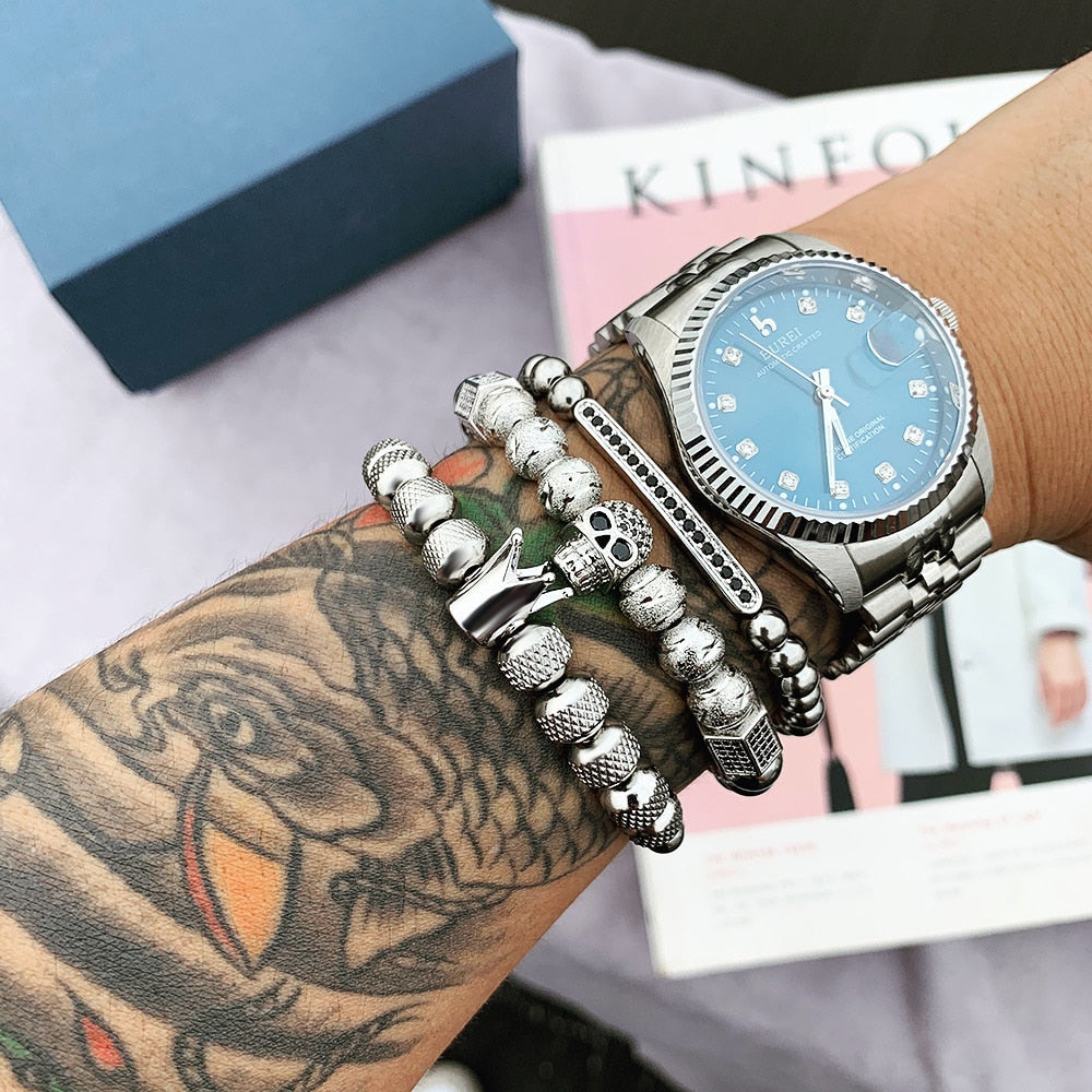 Silver Charm Crown Skull Bracelet Set